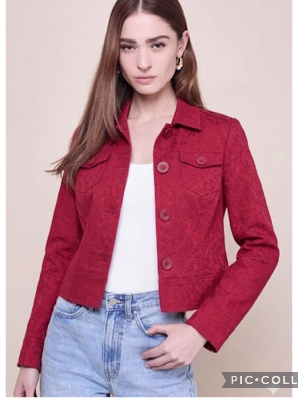 Jones New York Crimson Red Jacquard Animal Print Jacket XSP Classic Chic